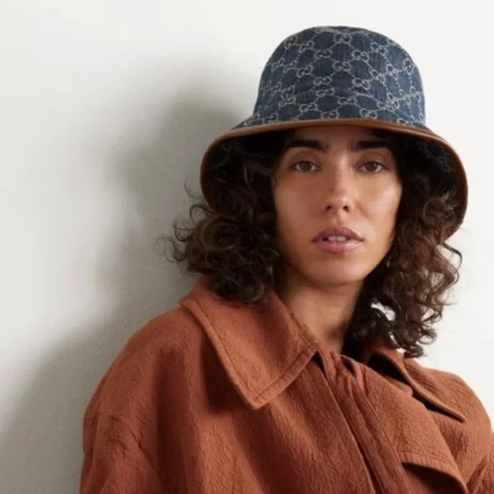 Denim Supreme Monogram Bucket Hat Stiff Navy Blue Canvas Brown Calf Leather Trim - Picture 5 of 13